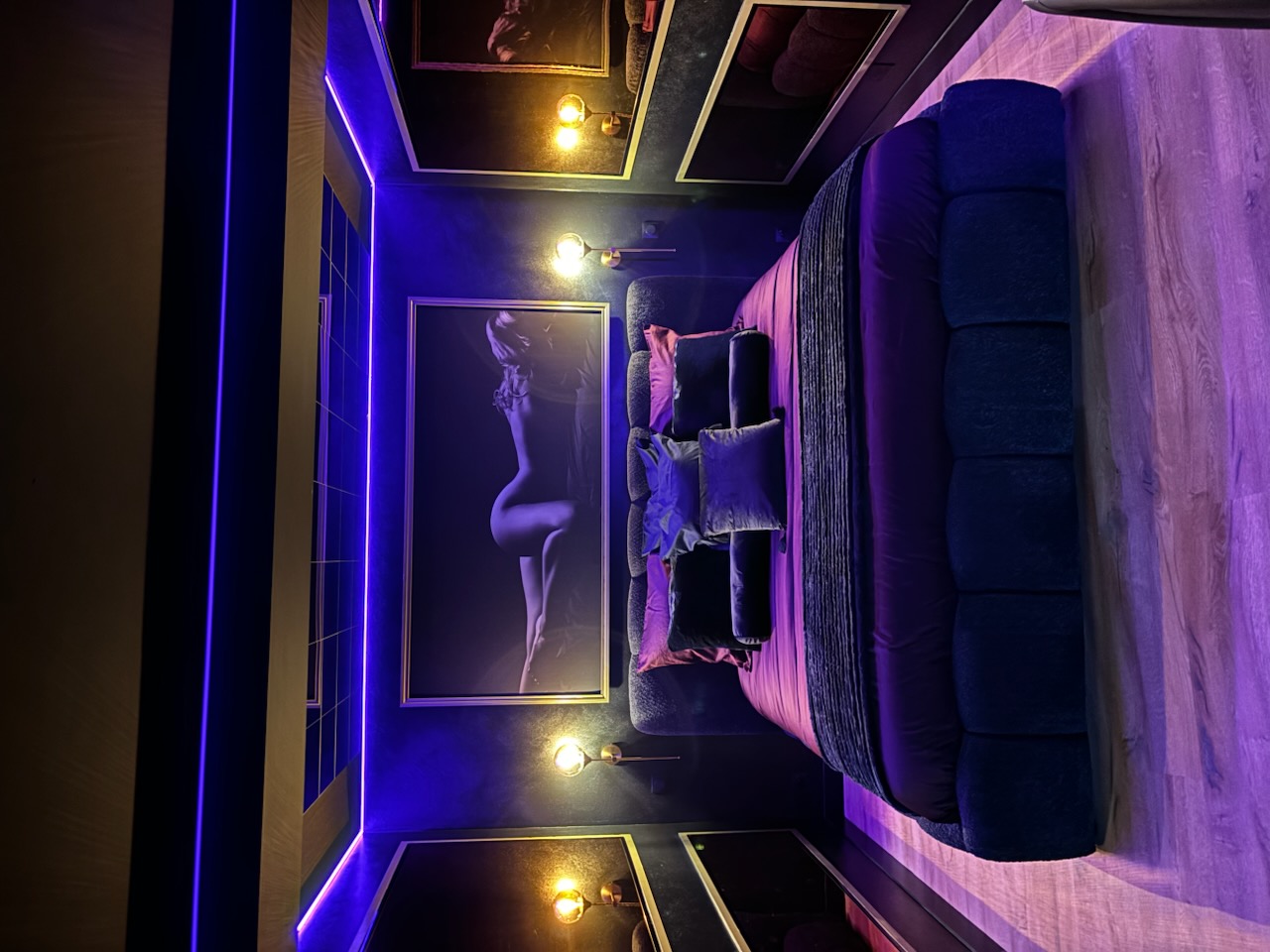 Lit king size en velours sombre, ambiance violette